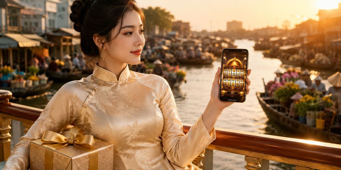Người phụ nữ mặc áo dài chơi slot game trên điện thoại tại Cần Thơ