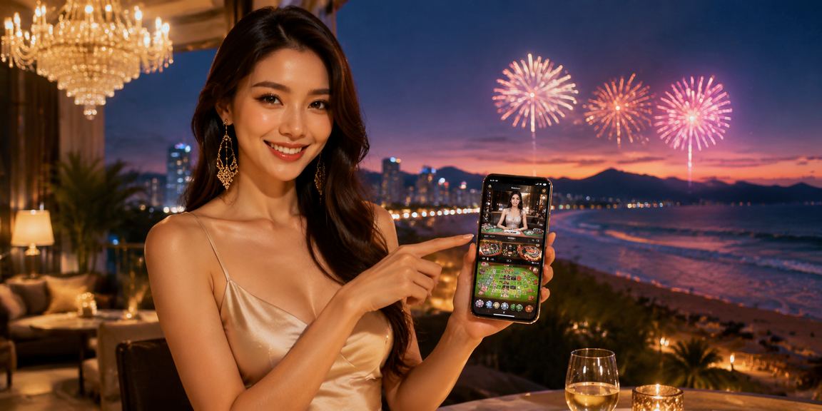 Người dùng trải nghiệm casino trên điện thoại di động tại bãi biển Đà Nẵng buổi chiều