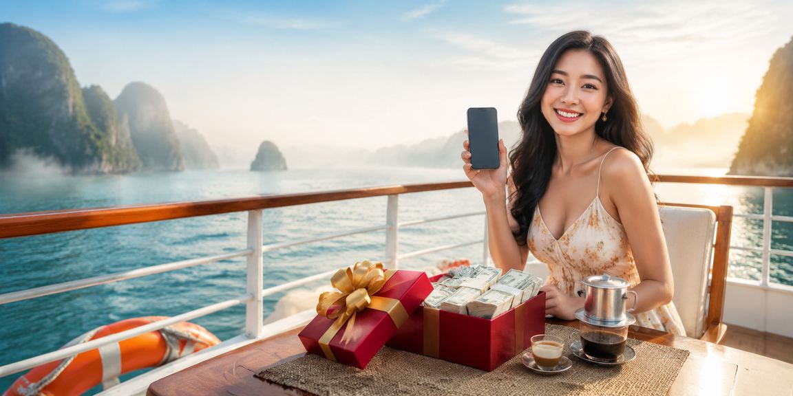 Người dùng chơi casino di động tại Vịnh Hạ Long với ly cà phê và phong cảnh thiên nhiên